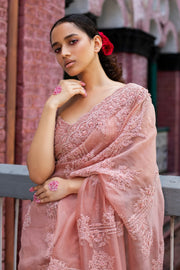 Salmon Pink Silk Organza Saree - 