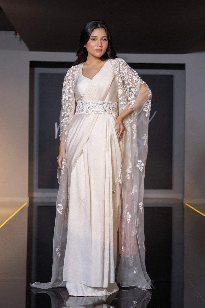Ivory draped saree cape set