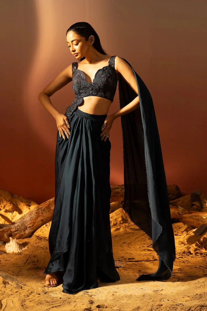 Deep Sea Blue Draped Saree Ruceru 