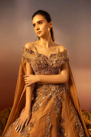 Russet Brown Tissue Organza Lehenga, Blouse & Drape Ruceru 