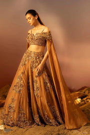 Russet Brown Tissue Organza Lehenga, Blouse & Drape Ruceru 