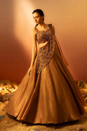 Russet Brown Embroidered Drape Lehenga Ruceru 