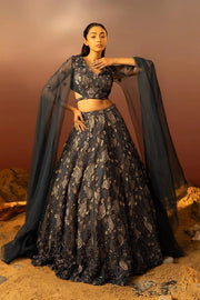 Deep Sea Blue Lehenga, Blouse & stylised drape Ruceru 