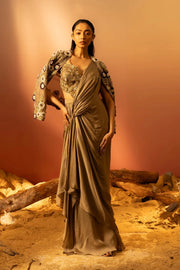 Sequin Embroidered Aged Grape Jacket and draped skirt set Ruceru 